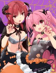 2girls :d ahoge alternate_costume angel_beats! animal_ears asami_yuriko asymmetrical_legwear bare_shoulders bat_hair_ornament black_choker black_cloak black_hairband black_nails black_shirt black_skirt black_thighhighs blush bra breasts candy_print choker cloak commentary_request curled_horns demon_horns demon_tail demon_wings eyes_visible_through_hair fake_animal_ears fake_tail fake_wings fang fangs fingernails food_print fur-trimmed_bra fur_trim grey_bra grey_shirt hair_between_eyes hair_ornament hairband halloween halloween_costume hand_up horns iwasawa_masami large_breasts long_fingernails long_hair looking_at_viewer medium_hair miniskirt mismatched_legwear multiple_girls nail_polish navel open_mouth orange_thighhighs paw_pose petticoat pink_eyes pink_hair purple_background red_eyes red_hair red_nails shirt sidelocks simple_background skirt small_breasts smile spider_web_print stomach tail teeth thighhighs two_side_up underwear upper_teeth_only upturned_eyes very_long_hair white_fur wings yui_(angel_beats!)