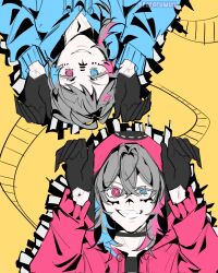 2boys bettel_2_(gavis_bettel) bishounen black_choker black_gloves blue_eyes blue_hair blue_hoodie brothers choker commentary english_commentary eyelashes gavis_bettel gloves grey_hair grin hair_between_eyes half-closed_eye hands_up heterochromia highres holostars holostars_english hood hood_up hoodie looking_at_viewer male_focus matryoshka_(vocaloid) medium_hair multicolored_hair multiple_boys pink_eyes pink_hair pink_hoodie rararuwuu ringed_eyes short_hair siblings simple_background smile teeth twins twitter_username upside-down virtual_youtuber yellow_background