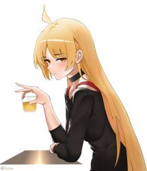 1girl ahoge alcohol black_choker black_shirt blonde_hair blush bocchi_the_rock! chieftain_art13 choker closed_mouth cup detached_ahoge drink from_side highres holding holding_cup holding_drink ijichi_seika long_hair long_sleeves looking_at_viewer looking_to_the_side orange_eyes shirt simple_background solo straight_hair twitter_username upper_body very_long_hair white_background