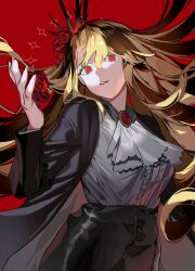 Rule 34 | 1girl, ascot, black coat, black skirt, blonde hair, coat, don quixote (project moon), flower, four-hundred roses, hair flower, hair ornament, highres, limbus company, long hair, looking at viewer, open clothes, open coat, project moon, red background, red eyes, red flower, red rose, rose, shirt, skirt, solo, star (symbol), two-sided coat, two-sided fabric, upper body, white ascot, white shirt, yongsadragon
