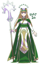 1girl arm_warmers brown_hair closed_mouth commentary_request cookie_(touhou) cosplay dress full_body green_dress headpiece highres holding holding_staff ichigo_(cookie) long_dress long_hair looking_at_viewer magic:_the_gathering pointy_ears purple_eyes red_brooch selesnya_guildmage selesnya_guildmage_(cosplay) simple_background smile solo staff standing ukiwagirl white_background white_dress