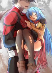 1boy 1girl akiba_red armband belt black_hair black_thighhighs blazer blue_hair blush breasts cape carrying carrying_person closed_eyes cloud cloudy_sky couple gloves highres hikounin_sentai_akibaranger ichikawa_aoi inasotsu jacket light_rays long_hair necktie nijiyome_gakuen_z-cune_aoi open_mouth pantyhose red_scarf red_skirt scarf school_uniform shaded_face shoes skirt sky small_breasts star_(symbol) sunbeam sunlight thighhighs torn_clothes torn_pantyhose two_side_up