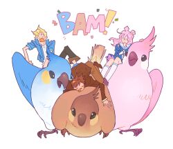 ! 1girl 2boys animal animal_focus beak bird blonde_hair brown_hair cockatiel double_bun english_text goodtimeswithscar hair_bun highres ldshadowlady long_hair minecraft_youtube mini_person miniboy minigirl multiple_boys open_mouth oversized_animal parrot pink_hair riding riding_animal school_uniform serafuku short_hair simple_background solidaritygaming traffic_life_series white_background wild_life_smp ziying_chen