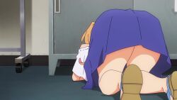 1girl all_fours animated anime_screenshot ass blonde_hair blue_skirt from_behind highres long_hair on_floor ruri_no_houseki shoes skirt sound tagme tanigawa_ruri thighs video