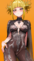 1girl absurdres black_dress blonde_hair blush boku_no_hero_academia breasts chronopattern_dress cleavage_cutout clothing_cutout commentary_request cowboy_shot double_bun dress hair_bun hand_on_own_hip highres meme_attire orange_background short_hair small_breasts solo toga_himiko yellow_eyes zd_(pixiv6210083)