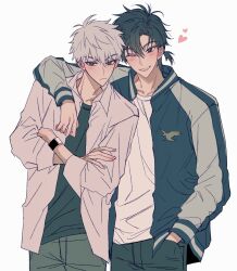 Rule 34 | 2boys, arm around shoulder, black eyes, black hair, black pants, black shirt, blue jacket, blush, cheng xiaoshi, closed mouth, collarbone, collared shirt, cowboy shot, crossed arms, grin, hair between eyes, hand in pocket, hand on another&#039;s shoulder, heart, highres, jacket, korean commentary, long sleeves, looking at viewer, lu guang, male focus, multicolored jacket, multiple boys, oka0y, one eye closed, open clothes, open jacket, pants, ponytail, shiguang dailiren, shirt, short hair, short ponytail, simple background, smile, standing, watch, white background, white hair, white shirt, wristwatch, yaoi