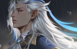 Rule 34 | 1boy, ascot, asymmetrical bangs, blue brooch, blue coat, blue eyeliner, blue gemstone, blue streaks, coat, commentary, crovius, english commentary, eyeliner, from side, gem, genshin impact, grey eyes, highres, long hair, makeup, male focus, multicolored hair, neuvillette (genshin impact), parted lips, pointy ears, rain, solo, streaked hair, upper body, water drop, white ascot, white hair