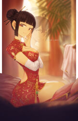 1boy absurdres back_cutout bed black_hair blunt_bangs breast_padding breasts china_dress chinese_clothes cleavage cleavage_cutout clothing_cutout commentary crossdressing crossed_arms detached_sleeves dress english_commentary english_text eyeliner eyeshadow fingernails floral_print hair_bun hair_ornament hair_stick highres light_smile looking_back makeup medium_breasts on_bed original orz_(orz57) pelvic_curtain pillow projected_inset red_dress red_eyeshadow short_hair side_slit sidelocks single_hair_bun solo thighs trap turning_head updo when_you_see_it white_sleeves