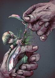 1boy 1girl amputee blood blood_on_hands despair dress empty_eyes fairy_wings full_body green_blood green_dress green_hair guro highres jinba_(jinbarta2) long_hair multiple_tails open_mouth original pain person_on_hand pointy_ears saliva saliva_trail simple_background tail two_tails wings