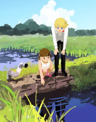 1boy 1girl black_footwear black_pants blonde_hair blue_eyes blue_sky brown_eyes brown_hair child doujima_nanako grass hair_between_eyes hair_ribbon hands_on_own_knees highres index_finger_raised kuma_(persona_4) lake long_sleeves looking_down morrisuit open_mouth pants persona persona_4 pink_ribbon pink_shoes pink_shorts pointing ribbon shirt shoes short_hair short_twintails shorts sky squatting tank_top twintails water white_shirt white_tank_top