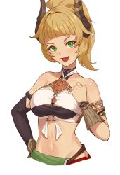 1girl :d absurdres arm_warmers armlet bandeau bare_shoulders black_bandeau blonde_hair blunt_bangs breasts character_request clenched_hand collarbone commentary_request copyright_request cropped_torso fang gensou_suikoden green_eyes hand_on_own_hip highres horns jewelry light_blush long_hair looking_at_viewer medium_breasts midriff navel open_mouth ponytail sidelocks simple_background single_arm_warmer smile solo vambraces velantart white_background white_bandeau