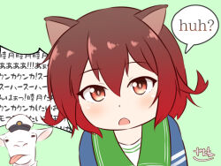1girl admiral_(kancolle) animal_ears blue_jacket brown_hair cat_ears goat gradient_hair green_sailor_collar jacket kantai_collection meme multicolored_hair mutsuki_(kancolle) mutsuki_kai_ni_(kancolle) non-human_admiral_(kancolle) parody rambling_goat_(meme) red_eyes red_hair sailor_collar short_hair speech_bubble upper_body zanne