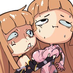 2girls age_difference alternate_form anger_vein bodysuit breast_envy breast_press breasts breasts_squeezed_together chibi clenched_teeth crazy_eyes face-to-face grabbing_another&#039;s_breast groping koukawa_asuka koukawa_asuka_(future) large_breasts long_hair multiple_girls multiple_persona pink_bodysuit pun serious small_breasts sweat taimanin_(series) taimanin_rpgx taimanun teeth very_long_hair