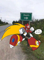 1boy android armor chest_jewel clenched_hands cloud cloudy_sky forehead_jewel forest from_behind full_body gloves helmet highres jewelry korean_text long_hair maeeeeeeeeng mega_man_(series) mega_man_x_(series) meme nature real_life_insert real_world_location red_armor red_helmet road road_sign robot robot_ears running shoulder_armor sign sky solo speech_bubble translation_request very_long_hair white_gloves zero_(mega_man)