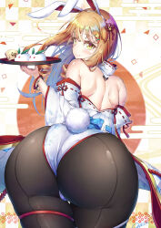 1boy 2023 androgynous animal_ears ass ass_focus back black_pantyhose blush bracelet chinese_zodiac closed_mouth commentary_request drill_hair fake_animal_ears fake_tail floating_hair highleg highleg_leotard highres holding holding_tray huge_ass japanese_clothes jewelry kimono leotard long_hair looking_at_viewer looking_back natsusora_wakana novady orange_hair original pantyhose playboy_bunny rabbit_ears rabbit_tail shiny_clothes shiny_skin shoulder_blades skindentation smile snow_rabbit solo standing tail thigh_gap thighs trap tray twin_drills wavy_hair white_kimono wide_hips year_of_the_rabbit yellow_eyes