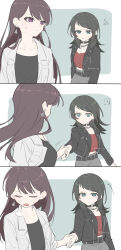 2girls bang_dream! bang_dream!_it&#039;s_mygo!!!!! belt black_belt black_choker black_hair black_shirt blue_eyes brown_hair choker closed_eyes closed_mouth collarbone commentary earrings grey_skirt highres jacket jewelry lehcar long_hair long_sleeves mole mole_under_eye multiple_girls o-ring o-ring_choker open_clothes open_jacket puff_of_air purple_eyes red_shirt shiina_taki shirt single_earring skirt sweatdrop white_jacket yahata_umiri