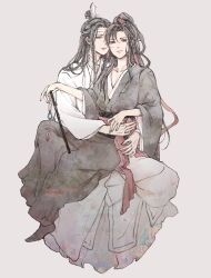 2boys black_eyes black_hair black_hanfu chinese_clothes closed_mouth collarbone couple flute flute_tassel full_body grey_background hair_ribbon hanfu headband highres holding holding_flute holding_instrument hug hug_from_behind instrument lan_wangji long_hair long_sleeves looking_at_viewer male_focus modao_zushi multiple_boys parted_lips pectoral_cleavage pectorals ponytail red_ribbon red_sash ribbon robe sash sidelocks simple_background sitting sitting_on_lap sitting_on_person smile tassel topknot twitter_username w2biiro watermark wei_wuxian white_hanfu white_headband wide_sleeves xiao_guan_(headdress) yaoi yellow_eyes