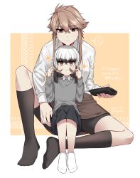 Rule 34 | 2girls, aged down, black hair, black shorts, black skirt, black socks, blunt bangs, brown eyes, brown hair, brown skirt, closed mouth, collared shirt, colored tips, commentary request, controller, dated, full body, grey sweater, hair between eyes, highres, holding, holding remote control, jouhou, kneehighs, leg up, long sleeves, medium hair, multicolored hair, multiple girls, playing with another&#039;s hair, remote control, satsuki yomi, shidou maki (toji no miko), shirt, short hair with long locks, shorts, shorts under skirt, sitting, sitting on person, skirt, socks, spoken sweatdrop, striped clothes, striped shirt, sweat, sweatdrop, sweater, toji no miko, translation request, twitter username, v-shaped eyebrows, white hair, white shirt, white socks