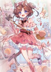 Rule 34 | 1girl, :d, animal ear fluff, animal ears, artist name, blush, bow, bowtie, brown bow, brown bowtie, brown hair, capelet, cat ears, cat girl, cat tail, commentary, cup, dress, foot out of frame, frilled dress, frilled socks, frills, highres, holding, holding spoon, looking at viewer, open mouth, original, pink socks, purple eyes, red capelet, red dress, red shoes, see-through clothes, see-through legwear, see-through sleeves, shoes, short hair, smile, socks, solo, spoon, standing, standing on one leg, symbol-only commentary, tail, tsukumi bis, twitter username