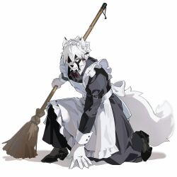 1boy alternate_costume animal_ears apron arm_belt back_bow belt belt_buckle black_belt black_dress black_shoes bow broom buckle closed_mouth collared_shirt crossdressing crossdressing_(mtf) dress enmaided fingernails frilled_apron frills furry furry_male highres holding holding_broom kneeling long_sleeves looking_ahead maid maid_apron male_focus male_maid mask neck_ribbon one_eye_covered red_eyes red_ribbon ribbon roru_(roru39) sharp_fingernails shirt shoes sleeve_cuffs solo von_lycaon white_apron white_background white_bow wing_collar wolf_boy zenless_zone_zero