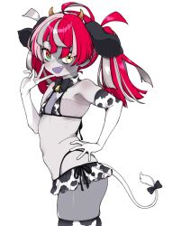 Rule 34 | 1girl, animal ears, animal print, bikini, bikini skirt, black bow, bow, colored skin, cow ears, cow horns, cow print, cow print bikini, cow print gloves, cow tail, detached collar, elbow gloves, fake animal ears, fake horns, fake tail, fang, flat chest, gloves, green eyes, grey skin, highres, hololive, hololive indonesia, horns, kureiji ollie, looking at viewer, mismatched pupils, multicolored eyes, multicolored hair, multicolored skin, okunin, open mouth, patchwork skin, print bikini, print gloves, red eyes, red hair, simple background, solo, stitched face, stitched leg, stitched torso, stitches, streaked hair, swimsuit, symbol-shaped pupils, tail, virtual youtuber, white background, x-shaped pupils, yellow eyes, zombie