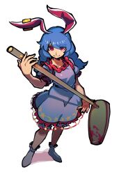 1girl animal_ears black_pantyhose black_shoes blue_dress blue_hair closed_mouth crescent_print dress earclip full_body highres holding iganashi1 kine long_hair mallet one-hour_drawing_challenge pantyhose rabbit_ears red_eyes seiran_(touhou) shoes short_sleeves simple_background smile solo star_(symbol) star_print touhou white_background