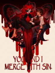 1girl absurdres alastor_(hazbin_hotel) alastor_(human)_(hazbin_hotel) blood blood_on_clothes blood_on_face blood_on_hands breasts brown_eyes carrying genderswap genderswap_(mtf) glasses grin hazbin_hotel high_heels highres long_skirt looking_at_another medium_breasts princess_carry red_eyes red_hair scp-3232-1 skirt smile tentacles