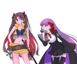 2girls bandeau bb_(fate) bb_(fate/extra) black_coat black_thighhighs blue_bandeau breasts brown_hair coat colored_inner_hair commentary_request cropped_vest fate/grand_order fate_(series) gloves gun hair_ribbon handgun high-waist_skirt himeko_(nico6v6pachi) holstered ishtar_(fate) large_breasts long_hair midriff miniskirt multicolored_hair multiple_girls navel purple_eyes purple_hair red_eyes red_hair ribbon sheath sheathed short_shorts shorts skirt space_ishtar_(fate) space_ishtar_(second_ascension)_(fate) sweatdrop sword thighhighs two-sided_coat two-sided_fabric two-tone_hair two_side_up underbust very_long_hair vest weapon white_gloves yellow_gloves yellow_shorts yellow_vest zettai_ryouiki