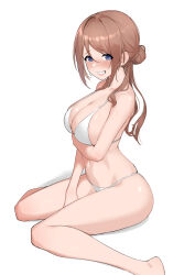 1girl absurdres alternate_costume arm_under_breasts bare_legs barefoot bikini blue_eyes blush breasts brown_hair commentary_request gakuen_idolmaster highres himesaki_rinami idolmaster large_breasts long_hair looking_at_viewer navel oregano_(olgn_eao) simple_background sitting smile solo stomach string_bikini sweatdrop swimsuit wariza white_background white_bikini