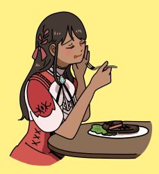 1girl brown_hair cowenna dark-skinned_female dark_skin dress eating food fork holding holding_fork licking_lips long_hair mabinogi masquerade_mar red_dress red_ribbon ribbon steak tongue tongue_out