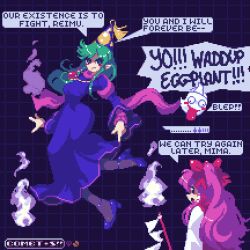 ... 1other 2girls alternate_costume artist_name bakebake_(touhou) black_pantyhose blue_dress blue_shoes bow comet_summoner98 commentary cross-eyed dress english_commentary english_text fire ghost glaring gohei green_hair grid_background hair_bow hair_tubes hakurei_reimu hakurei_reimu_(pc-98) hat jewelry long_hair long_sleeves looking_at_another looking_back mima_(touhou) multiple_girls necklace open_mouth pantyhose pixel_art pointy_ears purple_dress purple_hair purple_shoes red_bow red_eyes red_undershirt shoes speech_bubble spoken_ellipsis tongue tongue_out touhou touhou_(pc-98) wide_sleeves wizard_hat