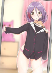 Rule 34 | 1girl, absurdres, black shirt, blurry, blurry background, blush, clothes hanger, clothes in front, gluteal fold, hair between eyes, hayasaka mirei, highres, holding, holding clothes hanger, idolmaster, idolmaster cinderella girls, indoors, long bangs, looking at viewer, mirror, multicolored hair, nita (tanita), no eyepatch, panties, purple hair, red hair, reflection, shirt, skindentation, solo, streaked hair, striped clothes, striped panties, underwear