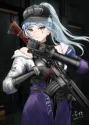 1girl absurdres artist_name assault_rifle bare_shoulders baseball_cap black_bodysuit black_gloves blue_hair blurry blurry_background bodysuit breasts commentary_request cross_hair_ornament dated flashbang gbobo girls&#039;_frontline girls&#039;_frontline_2:_exilium gloves green_eyes gun h&amp;k_hk416 hair_ornament hairclip hat highres hk416_(girls&#039;_frontline) holding holding_gun holding_walkie-talkie holding_weapon jacket klukai_(girls&#039;_frontline_2) long_hair long_sleeves looking_at_viewer magazine_(weapon) medium_breasts multicolored_jacket off_shoulder open_clothes open_jacket open_mouth parted_lips partially_unzipped ponytail purple_jacket rifle scar scar_on_face scar_on_nose sleeveless sleeveless_turtleneck solo standing tattoo teardrop_facial_mark teardrop_tattoo turtleneck upper_body walkie-talkie weapon