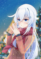 :o absurdres alternate_costume artist_name betonamou blue_eyes blue_sky blurry blurry_background blush bokeh breath brown_coat buttons coat commentary_request crossed_bangs depth_of_field fingernails hair_between_eyes hair_flaps hair_ornament hibiki_(kancolle) highres kantai_collection long_hair long_sleeves mixed-language_commentary night night_sky own_hands_together parted_lips plaid_clothes plaid_scarf pocket red_scarf scarf sky snow steam steepled_fingers three_quarter_view twitter_username upper_body white_hair winter winter_clothes