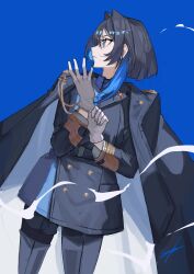 1girl absurdres adjusting_clothes adjusting_gloves belt black_belt black_coat black_hair black_jacket black_pants blue_background blue_eyes blue_hair blue_jacket blue_shirt coat coat_on_shoulders collared_shirt colored_inner_hair erroz_(errozthewhite) gloves hair_intakes highres hololive hololive_english jacket lapel_pin long_coat long_sleeves looking_to_the_side military_jacket military_uniform multicolored_hair multicolored_jacket necktie official_alternate_costume official_alternate_hairstyle ouro_kronii ouro_kronii_(4th_costume) pants profile shirt simple_background solo standing traditional_media two-sided_coat two-sided_fabric two-tone_hair two-tone_jacket virtual_youtuber white_gloves wolf_cut
