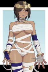 1girl bandages bare_shoulders blue_gloves blush bracelet breasts brown_eyes brown_hair collarbone dark-skinned_female dark_skin elbow_gloves fingerless_gloves gloves gold_headwear groin highres jewelry k3nnyn3v limbus_company looking_to_the_side medium_breasts multiple_scars mummy_costume naked_bandage navel outis_(project_moon) project_moon purple_lips scar short_hair single_elbow_glove solo sweat thighs underboob
