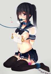 Rule 34 | 1girl, arms behind back, ball gag, bdsm, black hair, black thighhighs, blush, bondage, bondage cuffs, bound, box tie, breasts, chain, collar, crying, cuffs, eyes visible through hair, female focus, from side, gag, gagged, hair between eyes, heart, highres, kyuzo, kyuzo (artist), leash, long hair, nipple bells, nipple piercing, nipple weights, nipples, original, piercing, ponytail, rope, saliva, saliva trail, school uniform, serafuku, sex toy, slave, solo, tears, thighhighs, vibrator, vibrator in thighhighs, wiffle gag