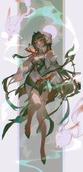 1girl bare_shoulders black_footwear blowing_smoke blunt_bangs breasts brown_hair chinese_clothes cleavage clothing_cutout colored_extremities commentary dress full_body gold_thighlet gradient_skin halter_dress halterneck high_heels highres honkai:_star_rail honkai_(series) knee_up large_breasts lingsha_(honkai:_star_rail) long_hair navel oastlv pointy_ears rabbit red_eyes red_feet red_hands solo stomach_cutout very_long_hair