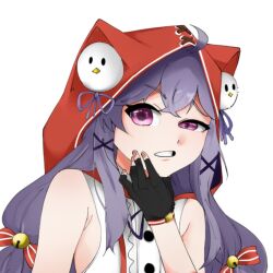 1girl armpit_crease bell black_gloves brown_dust_(series) brown_dust_2 dress flat_chest gloves hair_bell hair_between_eyes hair_ornament hand_on_own_cheek hand_on_own_face hood hoodie long_hair looking_at_viewer non-web_source open_mouth partially_fingerless_gloves purple_eyes purple_hair red_hoodie rou_(brown_dust) rou_(red_hat)_(brown_dust) shima_kopling simple_background solo squinting teeth upper_body very_long_hair white_background white_dress