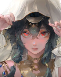 1boy commentary_request genshin_impact green_hair hair_between_eyes highres i.chi lips looking_at_viewer male_focus portrait red_eyes solo venti_(genshin_impact)