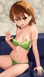 1girl arm_support bikini bikini_top_pull breasts brown_eyes brown_hair commentary green_bikini hair_between_eyes looking_at_viewer meruru1247 misaka_mikoto navel nipples open_mouth pulling_own_clothes short_hair sitting small_breasts smile solo swimsuit toaru_kagaku_no_railgun toaru_majutsu_no_index