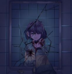 1other :| angry apollo_(postingterminal) bags_under_eyes bathroom blood blood_on_hands blood_on_mirror broken_mirror closed_mouth deltarune dim_lighting expressionless faucet green_sweater hair_over_one_eye heart heart_in_eye highres injury kris_(deltarune) medium_hair messy_hair mirror pov pov_hands reaching reflection spoilers strangling striped_clothes striped_sweater sweater symbol_in_eye symbolism tile_wall tiles weird_route_(deltarune)