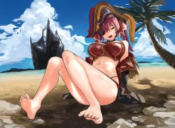 1girl adapted_costume arrow_through_heart bare_legs barefoot beach bicorne bikini black_coat black_hat blue_sky breasts cloud cloudy_sky coat commentary cropped_vest day epaulettes eyepatch fangs feet full_body hair_between_eyes hair_ribbon hat hololive hololive_fantasy houshou_marine jacket knees_together_feet_apart large_breasts leaning_back looking_at_viewer medium_hair megame_(okbnkn) navel off_shoulder one_eye_covered open_clothes open_coat open_mouth outdoors palm_tree pirate_hat red_bikini red_eyes red_hair red_ribbon red_vest ribbon ship sitting sky smile soles solo stomach swimsuit teeth tree twintails two-sided_fabric two-sided_jacket vest virtual_youtuber watercraft