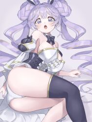 1girl animal_ears bare_shoulders blonde_hair blush breasts cleavage commentary_request detached_sleeves double_bun dress drill_hair duel_monster fake_animal_ears grey_background hair_bun highres large_breasts leotard long_hair long_sleeves looking_at_viewer lying memento_vivi multicolored_hair on_side open_mouth panties playboy_bunny purple_hair rabbit_ears selettrice_vaalmonica simple_background solo strapless strapless_dress streaked_hair twin_drills two-tone_hair underwear very_long_hair white_dress white_panties white_sleeves yu-gi-oh!
