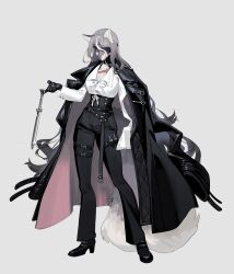 1girl absurdres animal_ears belt black_coat black_gloves black_pants black_shoes coat coat_on_shoulders eyepatch full_body furry furry_female glint gloves grey_background grey_hair hakurou_(onmyoji) high-waist_pants highres long_hair looking_at_viewer one_eye_covered onmyoji pants red_eyes scar scar_on_chest scar_on_face shirt shoes simple_background solo standing tail thigh_belt thigh_strap white_shirt wo_xuyao_jiashui wolf_ears wolf_girl wolf_tail