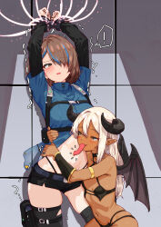 alice_gunlock arms_up bakasp-lilzy bdsm bondage borrowed_character bound brown_hair defeat demon_girl highres licking licking_navel long_tongue midriff navel original peril restrained shorts thighs tongue white_hair wrist_cuffs yuri