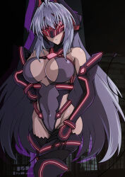 1girl absurdres android aoi_tabane bare_shoulders blue_hair breasts cleavage commission covered_eyes covered_navel cyborg elbow_gloves gloves grey_hair hand_on_own_hip head-mounted_display highres kos-mos kouyoku_senki_exs-tia large_breasts leotard long_hair parted_lips pixiv_commission solo thighhighs variant_set very_long_hair xenosaga