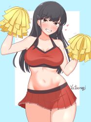 1girl aqua_border black_hair border breasts cheerleader cleavage cowboy_shot grin hayashio_(kancolle) highres holding holding_pom_poms kantai_collection large_breasts long_hair midriff navel outside_border pleated_skirt pom_pom_(cheerleading) pom_poms red_hair red_shirt red_skirt shirt skirt sleeveless sleeveless_shirt smile solo two-tone_background white_background yatsurugi