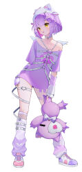 1girl absurdres animal_hat arm_warmers asymmetrical_footwear bow cat_hat chest_harness choker collarbone colored_inner_hair contrapposto fishnet_socks fishnets full_body hair_bow hair_ornament hair_rings hairpin harness hat heart heart_o-ring highres holding holding_stuffed_toy ji-rex leg_warmers medium_hair mismatched_footwear multicolored_hair multiple_hairpins o-ring o-ring_harness o-ring_thigh_strap pendant_choker purple_hair purple_shirt shinomiya_runa shinomiya_runa_(4th_costume) shirt shoes short_sleeves simple_background single_bare_shoulder single_off_shoulder sneakers socks solo standing stuffed_toy thigh_strap tongue tongue_out too_many_hair_ornaments two_side_up virtual_youtuber vspo! white_background white_choker white_hat wings x_hair_ornament yellow_eyes