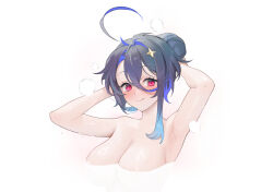 1girl ahoge armpits arms_up azur_lane bath blue_hair breasts cleavage foch_(azur_lane) gradient_hair hair_between_eyes hair_ornament highres large_breasts looking_at_viewer multicolored_hair nude ohisashiburi partially_submerged pink_eyes purple_hair simple_background smile solo steam white_background